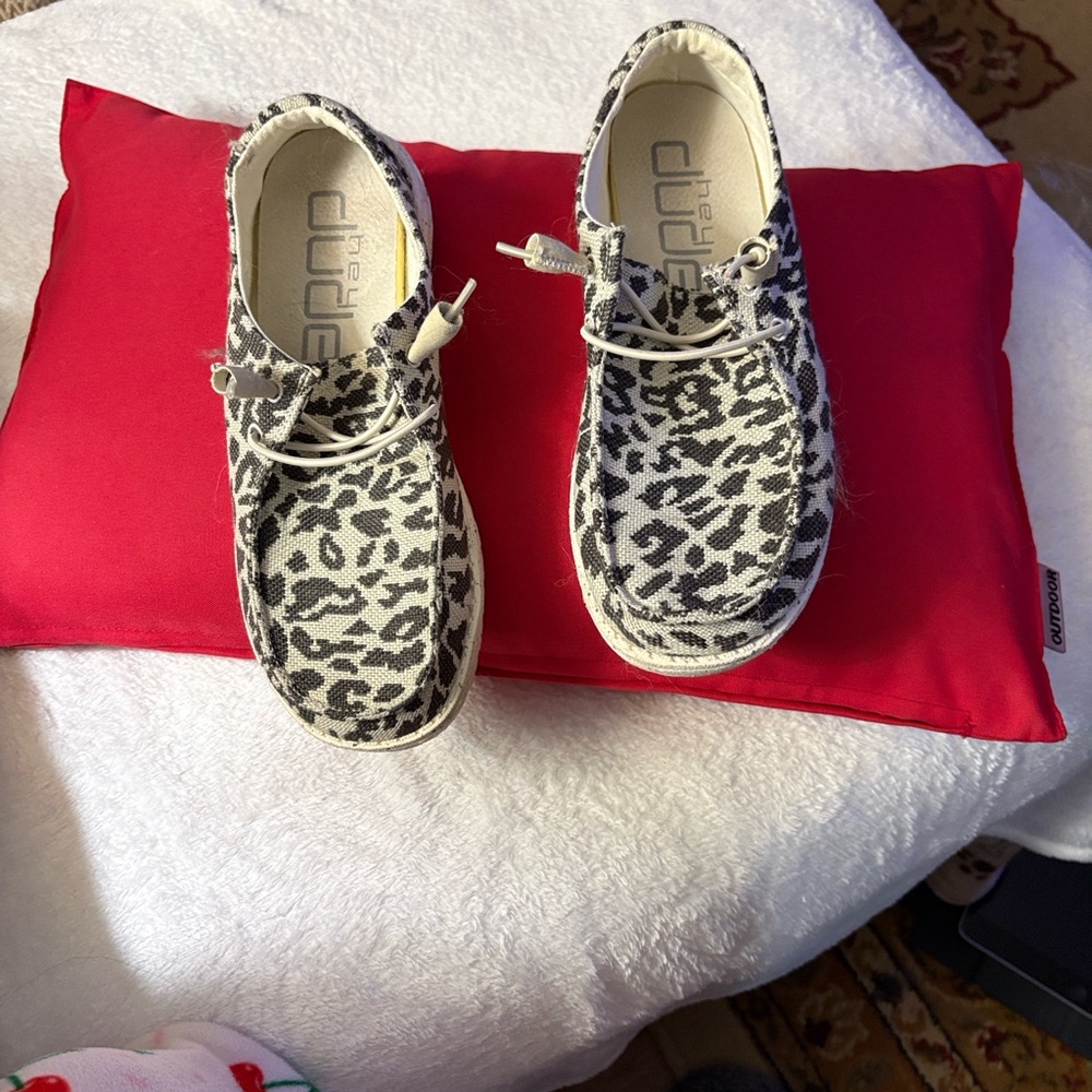 Hey Dude Moccasins in Black and Beige Leopard Print